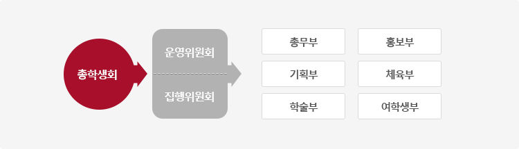 총학생회-운영위원회, 집행위원회-총무부, 기획부, 학술부, 홍보부, 체육부, 여핵생부